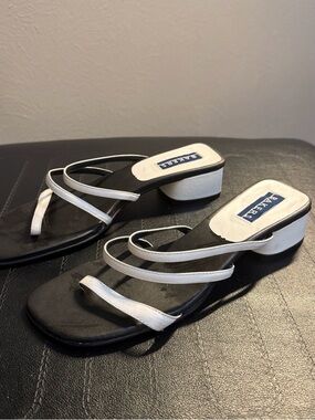Bakers Black and White Strappy Block Heel Mules